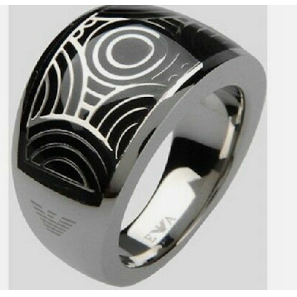EMPORIO ARMANI LADIES POLISHED STAINLESS STEEL +‎ ONYX CIRCLE PATTERN RING, 6.5